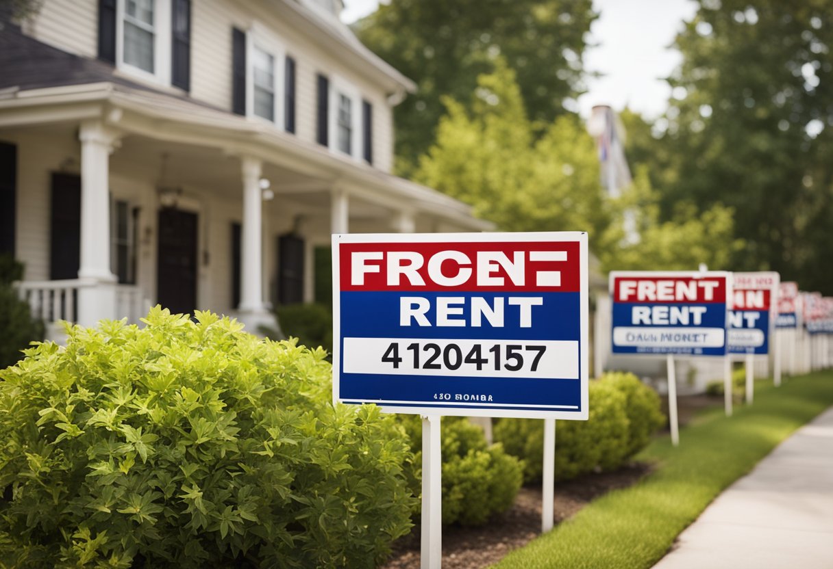 A row of well-maintained rental properties with "For Rent" signs and a diverse mix of tenants coming and going, indicating consistent rental income despite market fluctuations